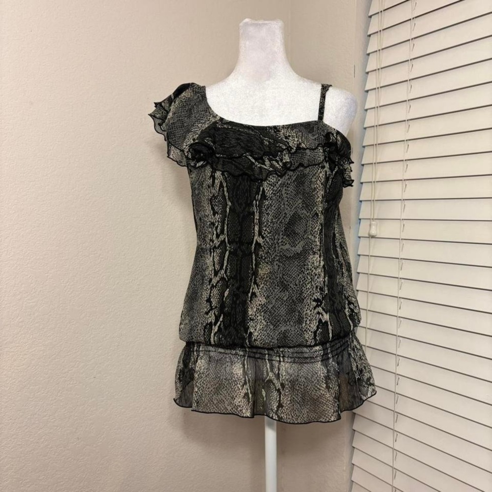 Black grey indie whimsygoth snakeskin ruffled off the shoulder top size M